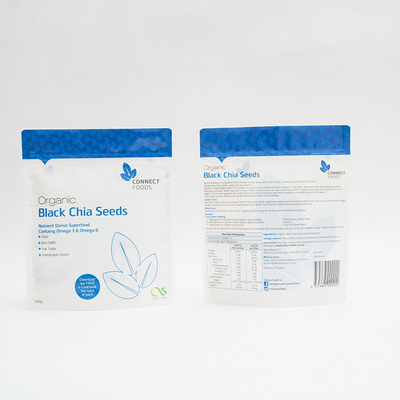 500g στάση της PET μεταλλινών επάνω στη μαύρη Chia συσκευασία σπόρων πλαστικών τσαντών 123um